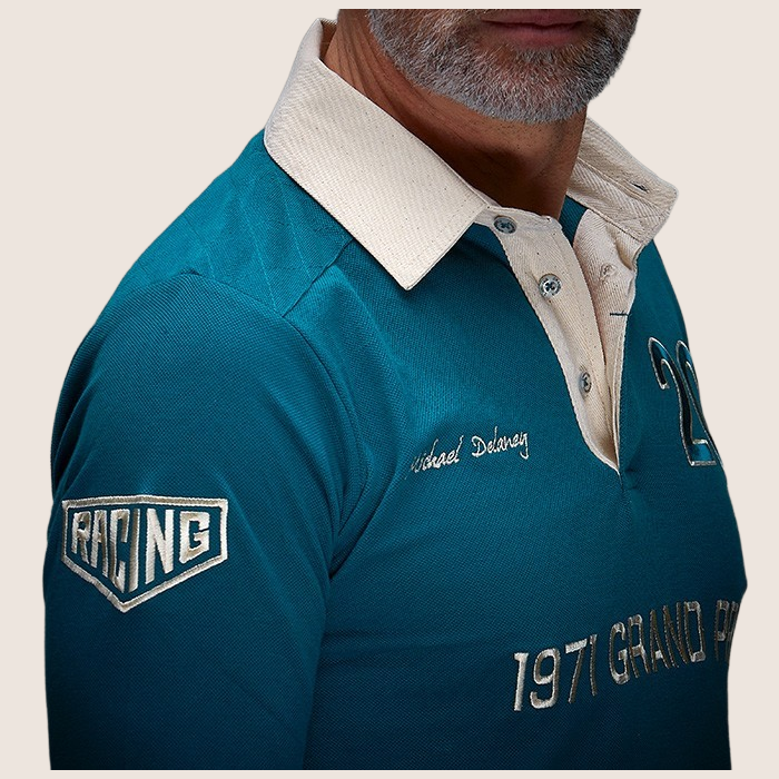 1971 Grand Prix Polo Long Sleeve Indigo - Long sleeve polo in indigo with vintage-inspired Grand Prix design. Comfortable and stylish for everyday wear or car enthusiast events.