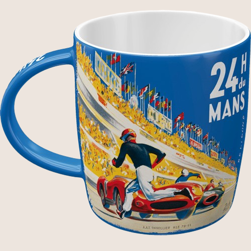 24 Du Mans Racing Poster Blue Mug - Blue mug with classic 24 Hours of Le Mans racing poster design. Perfect for motorsport fans and collectors.