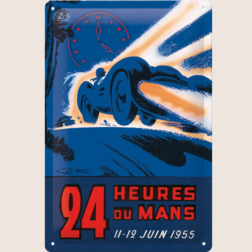 24 Heures du Mans Racing Night Blue Tin Sign - nostalgic metal plate 20×30 cm with blue racing car motif and the text "24 Heures du Mans", inspired by the atmosphere of the Le Mans race at night. Elegant decoration for garage or collector wall.