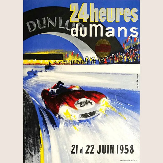 Printed poster from the 24 Hours of Le Mans 1960 showing classic race cars at the start of the race. Historic and iconic motorsport event.