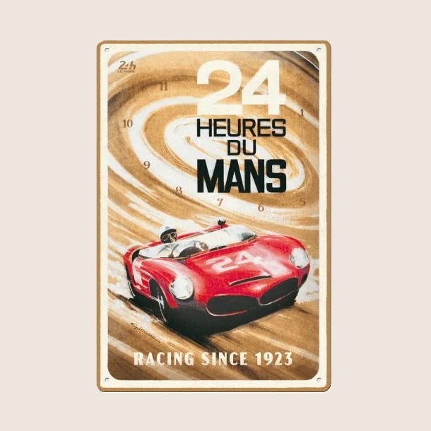 24 Heures du Mans "Racing Since 1923" Tin Sign - Rectangular retro metal plate (20 × 30 cm) with a red race car in the foreground and the text "24 Heures du Mans Racing Since 1923". Perfect for hanging in the garage or as a decorative vintage piece for motorsport enthusiasts.