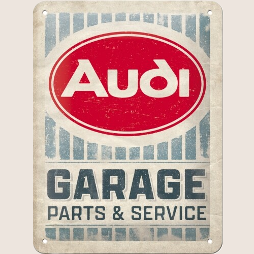 Audi Garage "Parts and Services" Metal Sign - Retro metal plate 15×20 cm with classic Audi garage text and logo. Perfect for workshop decoration or as a decorative collector's item.