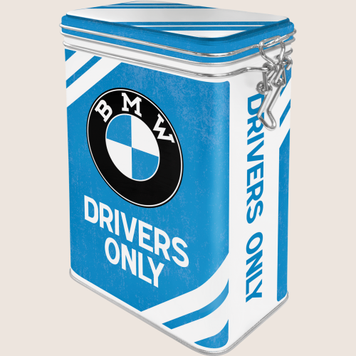 BMW Drivers Only Clip Top Tin - Practical and decorative metal storage tin with clip closure and BMW design. Perfect for small items in the home, office or garage.