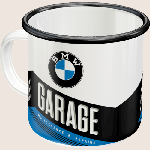 BMW Garage enamel mug with classic logo and garage motif