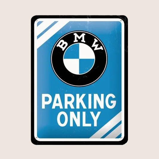 BMW Parking Only Tin Sign 15x20 cm - Fun retro metal sign with BMW logo and parking text. Ideal for garage, carport or as a gift for BMW enthusiasts.