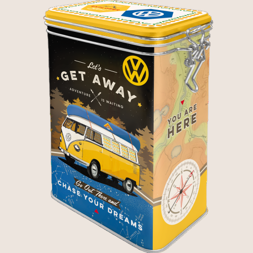 VW Bulli "Let's Get Away" Clip Top Tin - Retro metal container with VW Bulli design and the text "Let's Get Away". Perfect for storage or as a decorative collector's item.