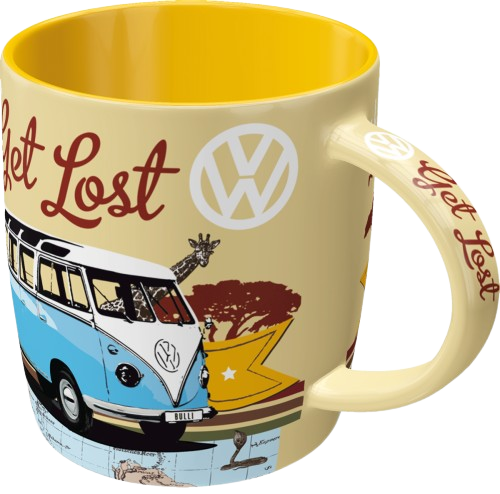 VW Bulli "Let's Get Lost" Mug - Ceramic mug with iconic VW Bulli motif and the text "Let's Get Lost". Ideal for coffee and tea lovers and VW enthusiasts.