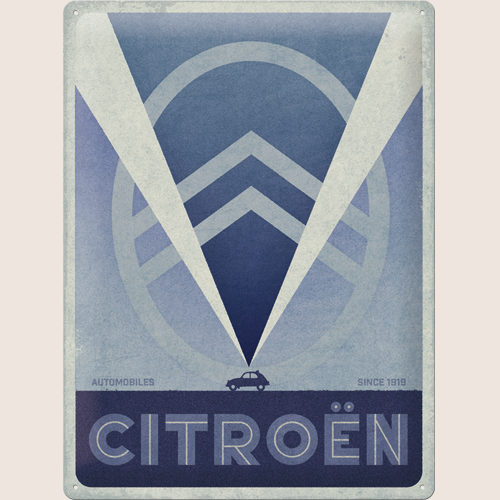Citroën 2CV Logo Blue Tin Sign 30x40 cm - Retro metal sign with iconic Citroën 2CV logo in blue design. Perfect wall decoration for garage, workshop or collectors of French classics.