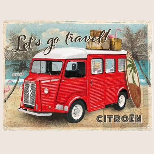 Citroën Type H "Let's Go Travel" tin sign 30 × 40 cm - retro metal plate with embossed relief motif of the classic Citroën Type H van on the coast, text "Let's Go Travel" in vintage style. Inspired by Nostalgic Art - perfect for garage or vacation home.