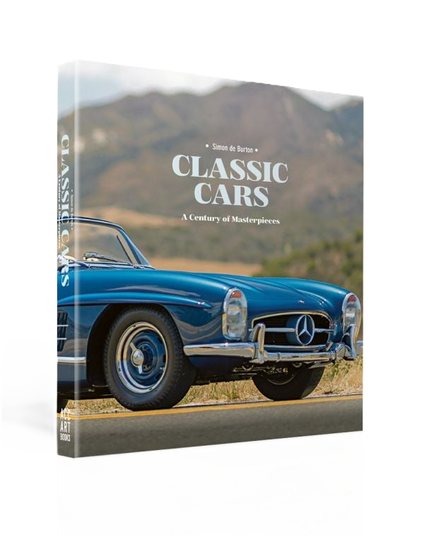Classic Cars: A Century of Masterpieces by Simon de Burton, hardcover book with history and photographs of iconic classic cars