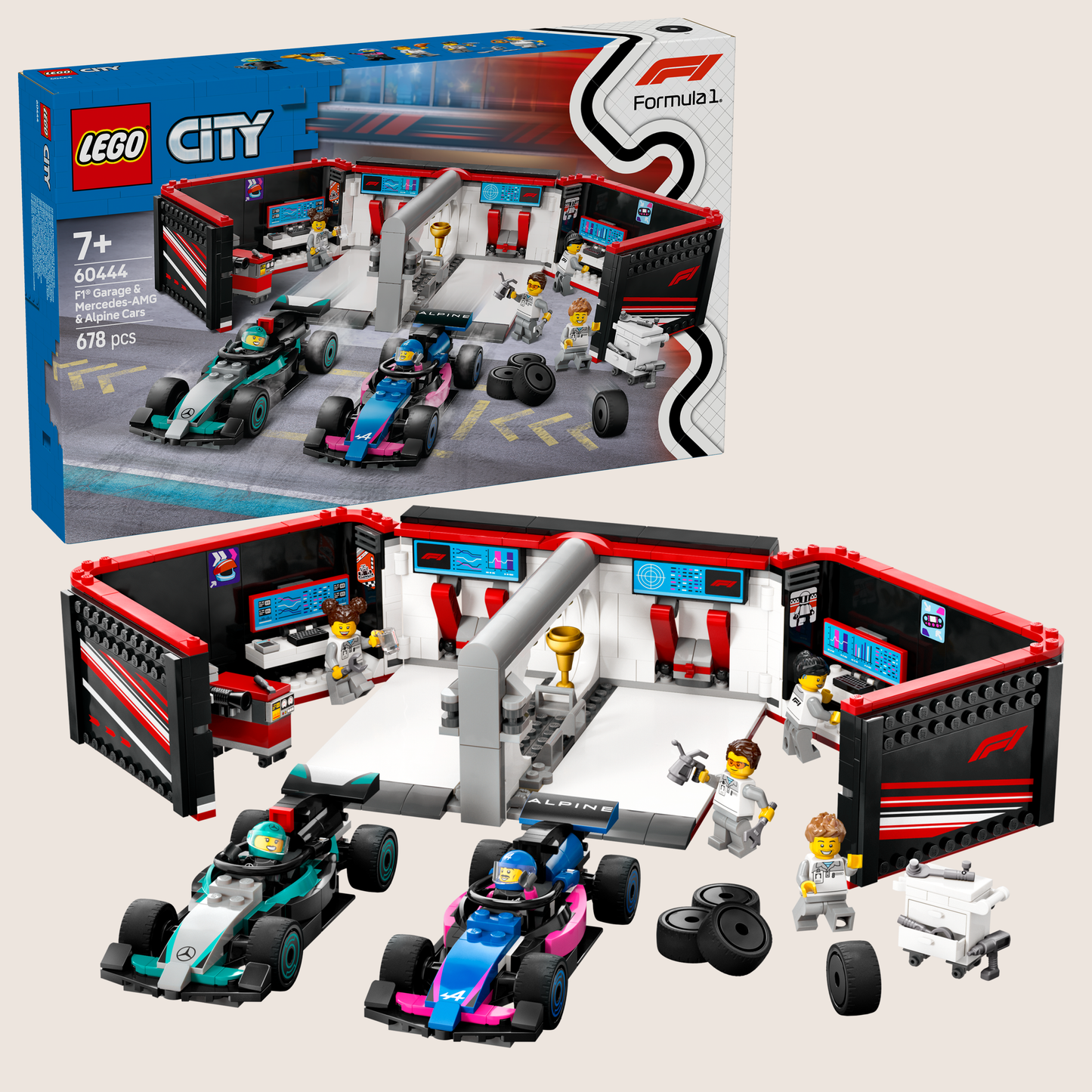 LEGO City F1 Garage Mercedes AMG & Alpine Cars - LEGO set with Formula 1 garage and 2 F1 racers from Mercedes-AMG and Alpine.
