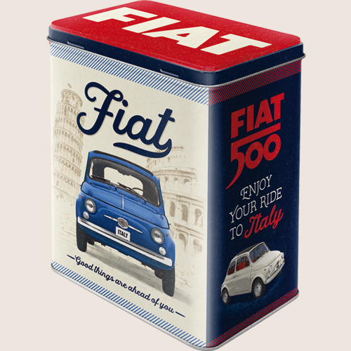 FIAT Tin Can - Nostalgic Art - Decorative metal can with classic FIAT design. Ideal for storage and retro-inspired decor.