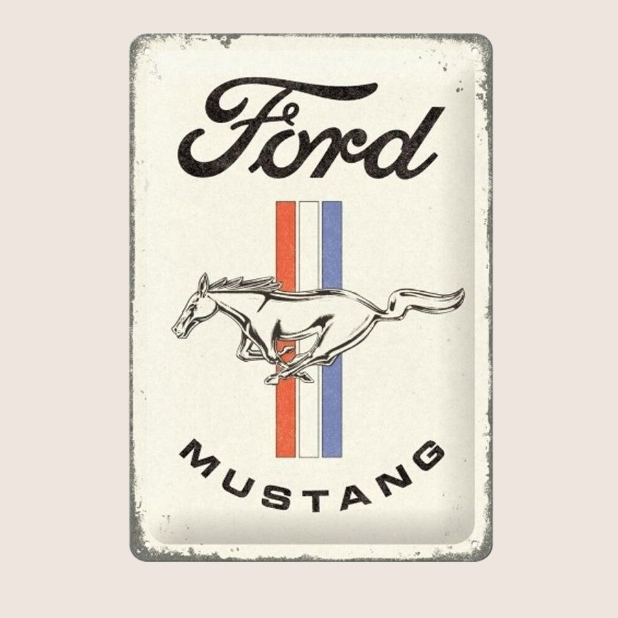 Ford Mustang Horse and Stripes Metal sign 20x30 cm - Decorative vintage sign with classic Mustang logo and stripes. Ideal for workshop, garage or as a collector's item.