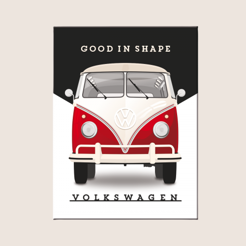 Volkswagen "Good in Shape" Magnet - rectangular metal magnet (6×8 cm) with iconic red VW Bulli, black and white background and the slogan "Good in Shape". A nostalgic and official VW accessory from Nostalgic Art, ideal for decorating metal surfaces such as the fridge or garage