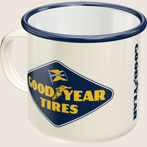 Goodyear Mug - Enamel - Retro Goodyear enamel mug, perfect for car enthusiasts and collectors.