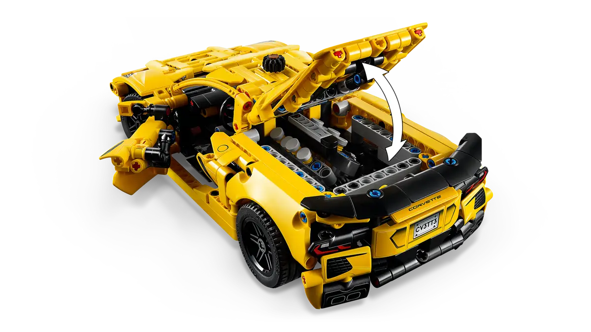 LEGO Technic Chevrolet Corvette Stingray 42205 - 1:24 scale model with movable doors, open hood, 8-cylinder engine, differential and working steering. An authentic building and display model from the LEGO Technic series.