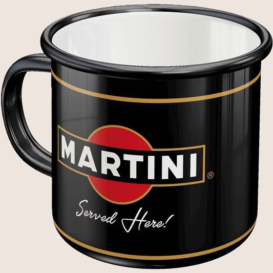 Martini Served Here Enamel Mug - Classic retro enamel mug with iconic Martini design. Perfect for coffee, tea or as a collector's item for car and motorsport enthusiasts.