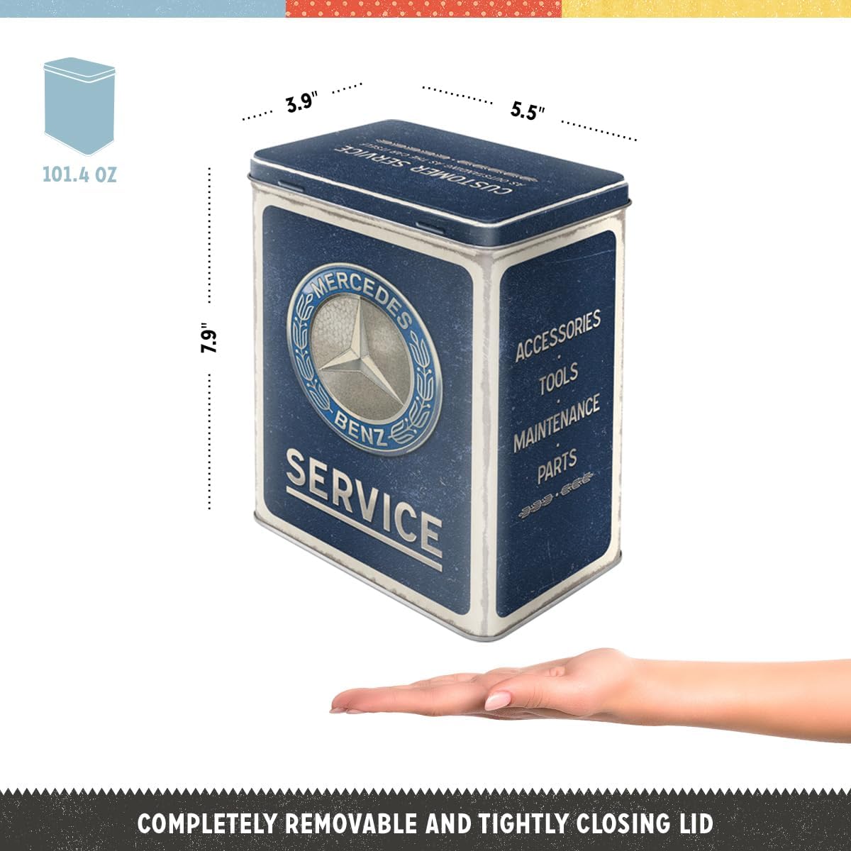 Mercedes Benz Service Tin - Retro Mercedes-Benz storage tin with classic service logo, perfect for car enthusiasts.