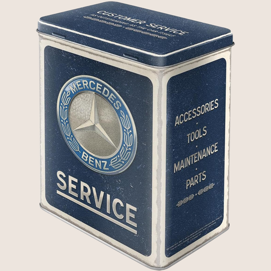 Mercedes Benz Service Tin - Retro Mercedes-Benz storage tin with classic service logo, perfect for car enthusiasts.