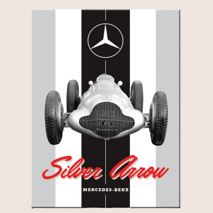 Mercedes-Benz Silver Arrow Magnet - Classic 6x8 cm fridge magnet with a retro-inspired motif of the iconic Mercedes-Benz Silver Arrow racing car silhouette. Made from sturdy metal, the magnet is ideal for adding a touch of motorsport history to your home or office.