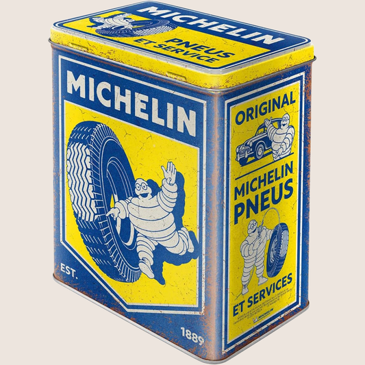 Michelin Pneus et Services Tin - Vintage Michelin storage tin with iconic tire service design, ideal for collectors.