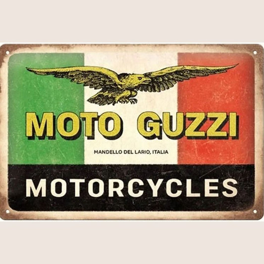 Moto Guzzi Motorcycles Italia Tin Sign - Retro metal sign with classic Italian Moto Guzzi design. Perfect for motorcycle enthusiasts, workshop or vintage decoration.