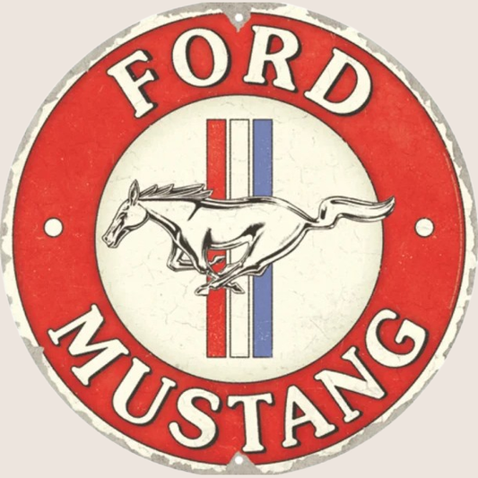 Horse and Stripes Ford Mustang Round Sign - Nostalgic decorative metal sign with classic Ford Mustang logo and horse motif. Perfect for car enthusiasts and vintage decor.