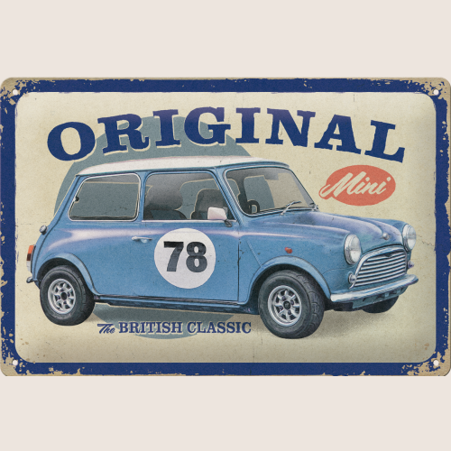 Original Mini The British Classic Tin Sign 20x30 cm - Retro metal sign with iconic Mini design. Ideal wall decoration for car enthusiasts, garage or collector shelf.