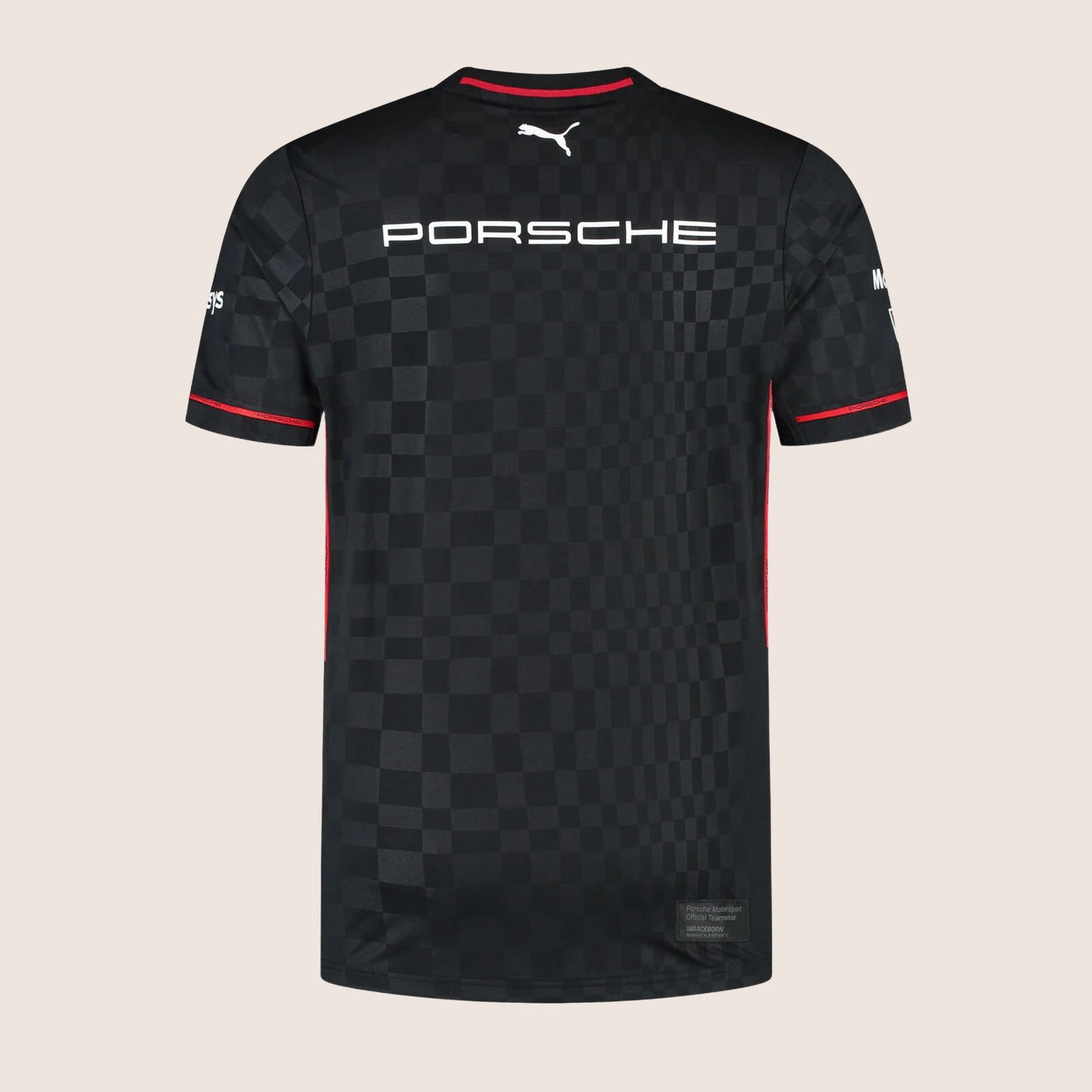 Black Porsche Motorsport Team T-shirt with short sleeves, red details and official Porsche and PUMA logos - designed for fans of motorsport and racing.