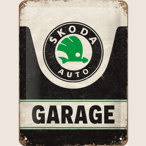Škoda Tin Sign 15x20 cm - Classic retro metal sign with Škoda logo. Perfect for decoration in garages, workshops or for car collectors.