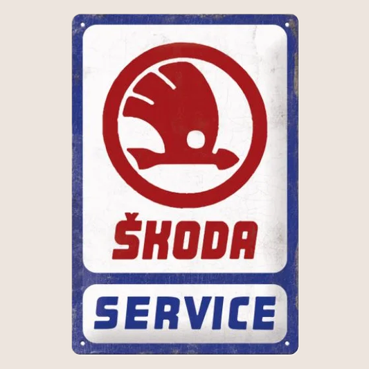 Škoda Service Tin Sign 20x30 cm - Retro metal sign with classic Škoda service design. Perfect wall decoration for workshop, garage or car history collectors.