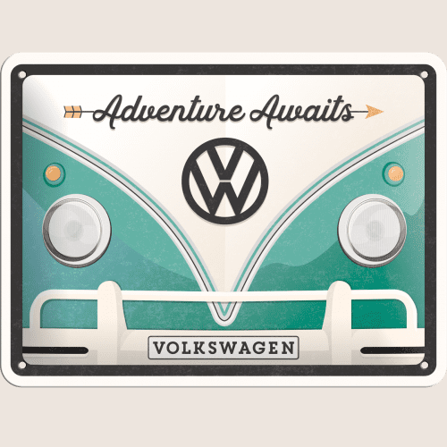 Volkswagen Bulli Adventure Awaits tin sign 15x20 cm with retro design and classic motif