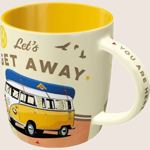 Volkswagen Bulli "Let's Get Away" ceramic mug with retro design and Bulli motif
