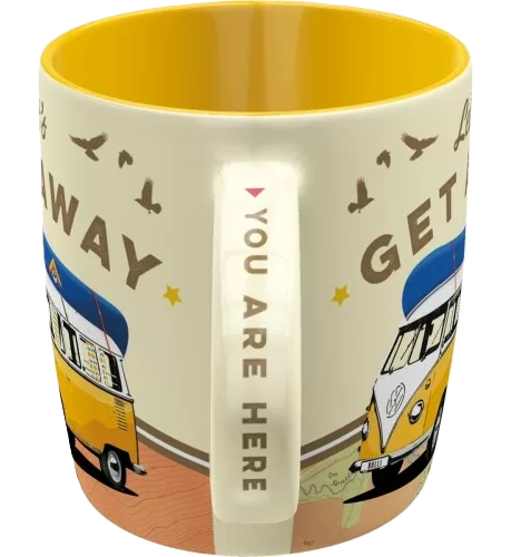 Volkswagen Bulli "Let's Get Away" ceramic mug with retro design and Bulli motif