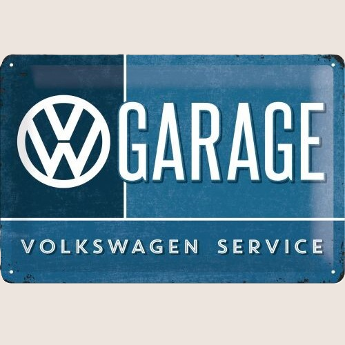 Volkswagen Garage Metal Sign 20×30 cm from Nostalgic Art - retro metal plate with classic VW logo and the text "Garage / Volkswagen Service". Designed with embossed edges and hanging holes. Ideal as a decorative element in the garage or workshop.