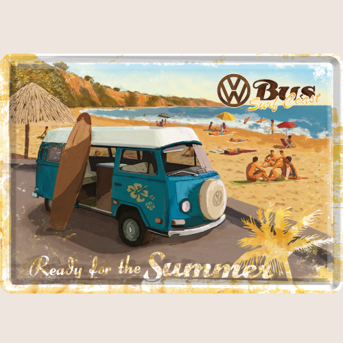 Retro VW Bulli metal postcard with summery beach motif - officially licensed Volkswagen design. Perfect for car enthusiasts and nostalgics. Comes with envelope.
