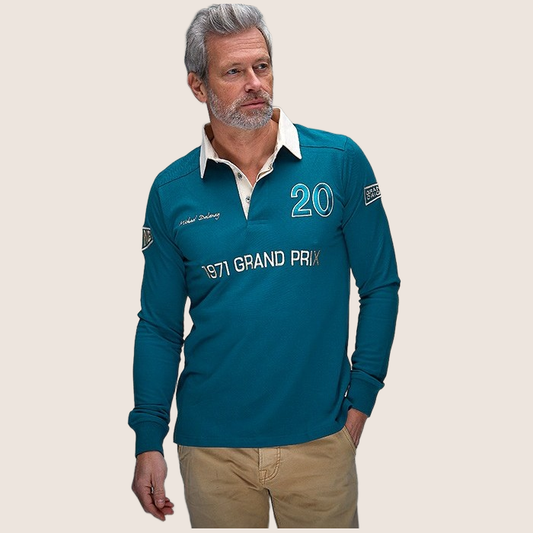 1971 Grand Prix Polo Long Sleeve Indigo - Long sleeve polo in indigo with vintage-inspired Grand Prix design. Comfortable and stylish for everyday wear or car enthusiast events.