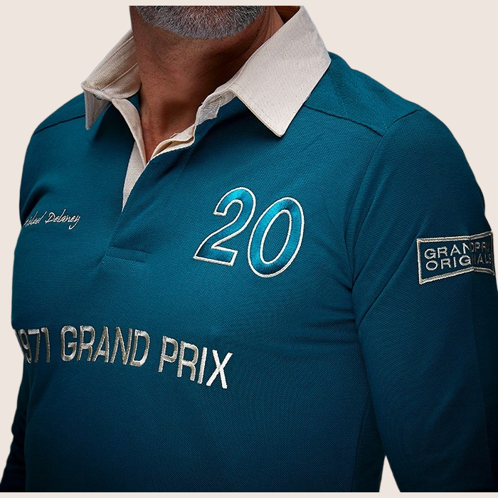 1971 Grand Prix Polo Long Sleeve Indigo - Long sleeve polo in indigo with vintage-inspired Grand Prix design. Comfortable and stylish for everyday wear or car enthusiast events.