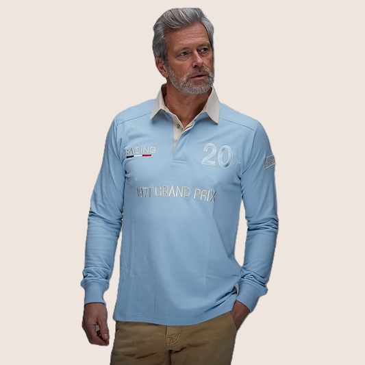 1971 Polo Long Sleeve Light Blue from GPO Originals with classic motorsport-inspired design