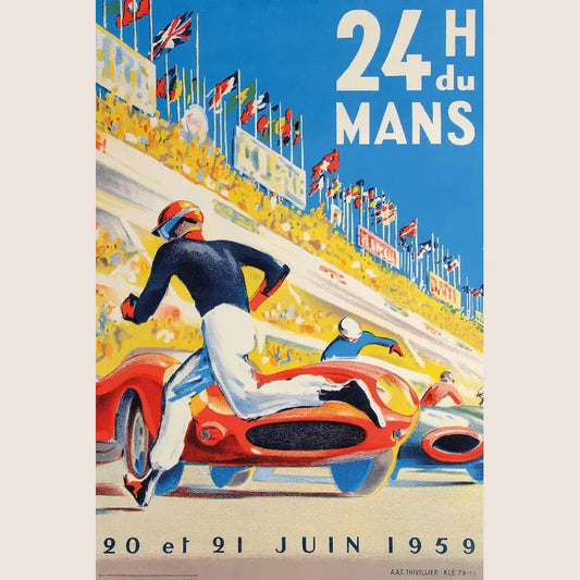 Printed poster from the 24 Hours of Le Mans 1959 with a classic racing motif. A tribute to the golden age of motorsport.