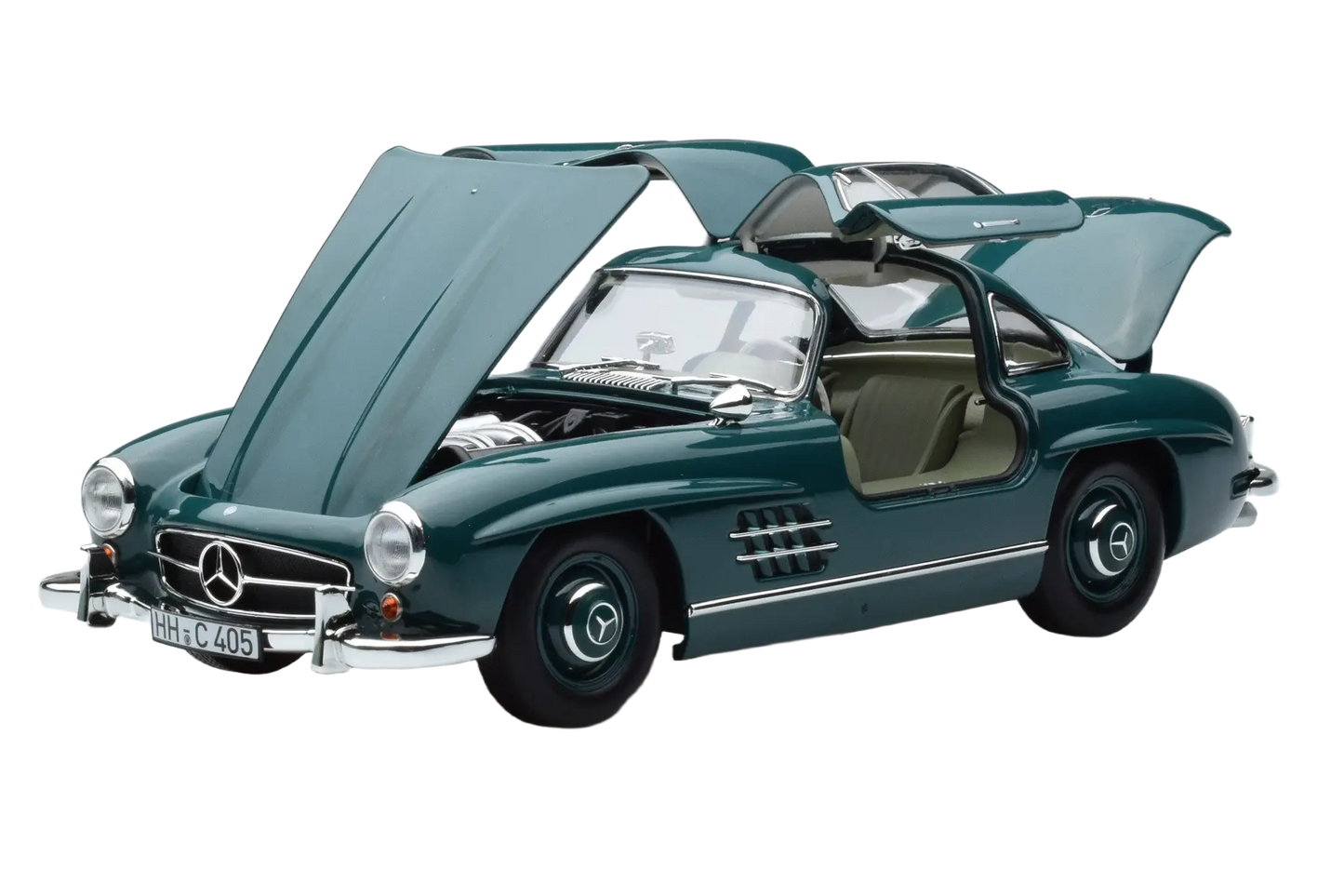 Detailed 1:18 scale model car of the classic 1954 Mercedes-Benz 300 SL. Manufactured by Norev with authentic design and iconic gullwing doors.