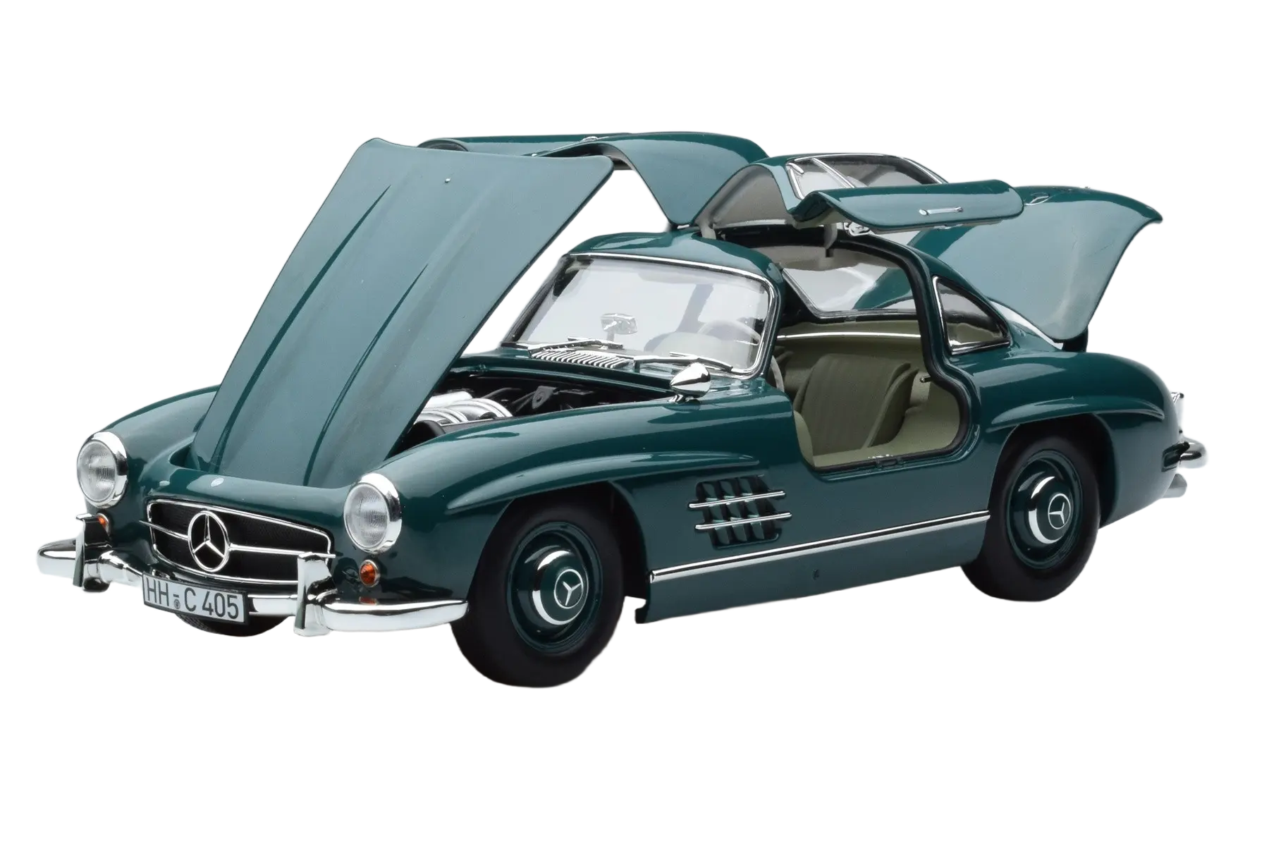 Detailed 1:18 scale model car of the classic 1954 Mercedes-Benz 300 SL. Manufactured by Norev with authentic design and iconic gullwing doors.