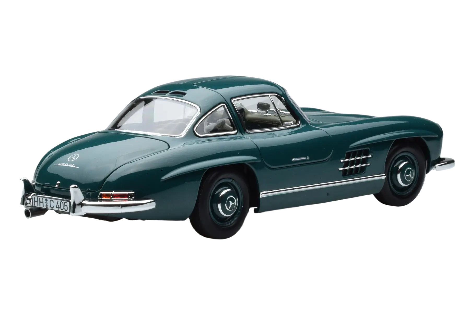Detailed 1:18 scale model car of the classic 1954 Mercedes-Benz 300 SL. Manufactured by Norev with authentic design and iconic gullwing doors.