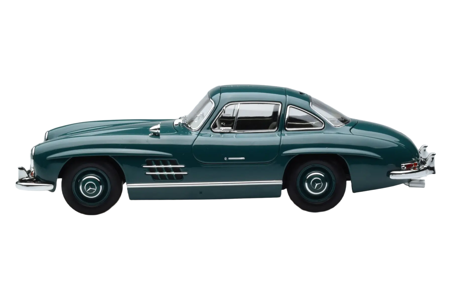 Detailed 1:18 scale model car of the classic 1954 Mercedes-Benz 300 SL. Manufactured by Norev with authentic design and iconic gullwing doors.