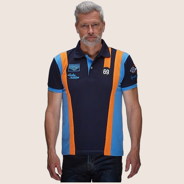 69 Racing Team Polo Navy - Classic navy polo shirt with 69 Racing Team design. Motorsport-inspired style with embroidered details, perfect for vintage racing enthusiasts.