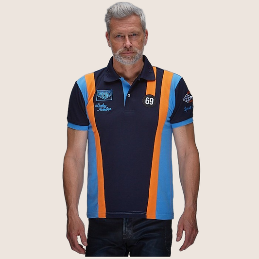 69 Racing Team Polo Navy - Classic navy polo shirt with 69 Racing Team design. Motorsport-inspired style with embroidered details, perfect for vintage racing enthusiasts.