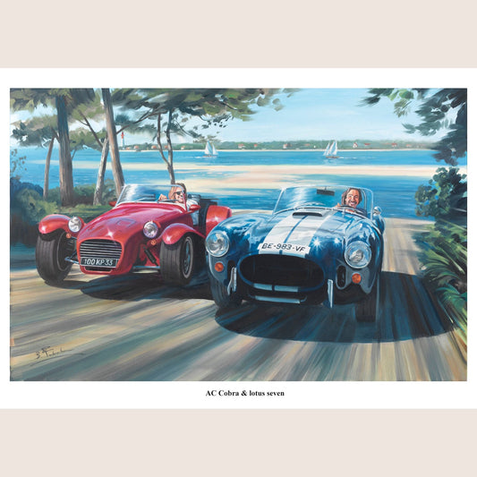 AC Cobra vs Lotus Seven - 70x50 - Dynamic print of AC Cobra vs Lotus Seven, an iconic moment in motorsport history.