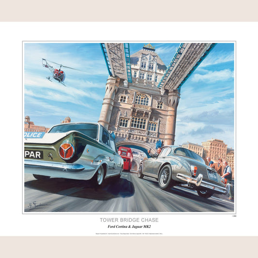 Tower Bridge Chase - 60x50 - Exciting art print of Tower Bridge chase, a perfect motif for car action fans.