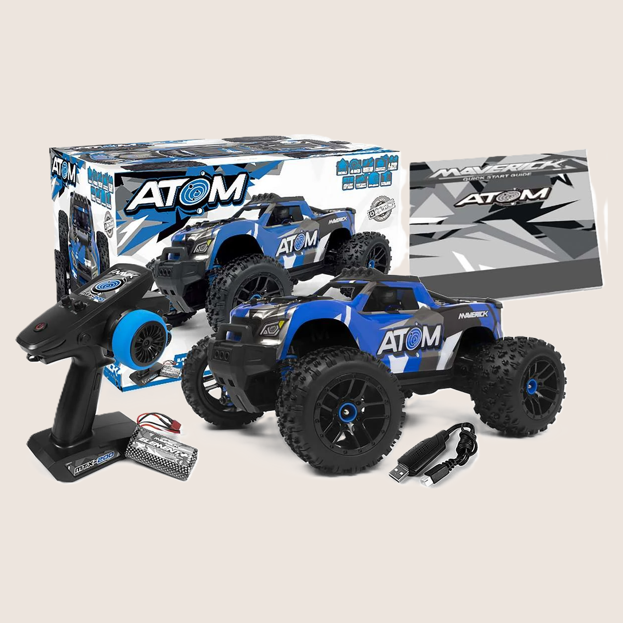 Atom Maverick Blue - Remote Controlled - Sporty remote controlled car in blue, designed for high speed and maneuverability.