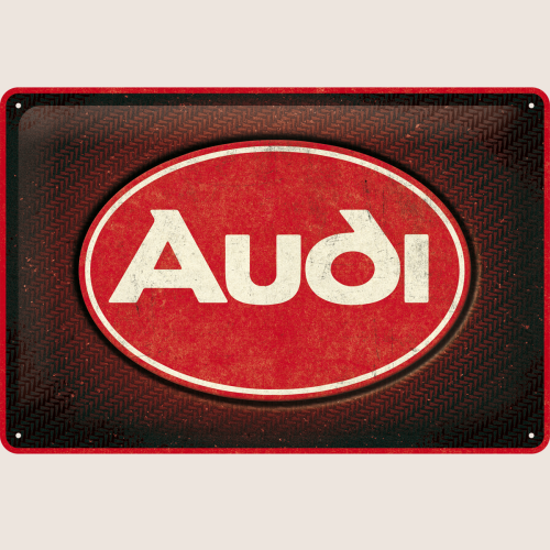 Audi Red Shine Logo Metal Sign from Nostalgic Art - retro metal plate with shiny red Audi ring logo on a white background. Perfect for garage decoration or as a collector's item for Audi enthusiasts.